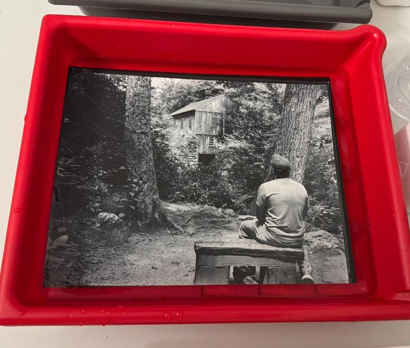 An 8x10 contact print from Moore State Park, still wet in a red developing tray