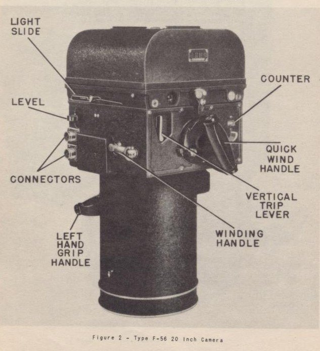 Fairchild F-56 aircraft camera with its controls labeled