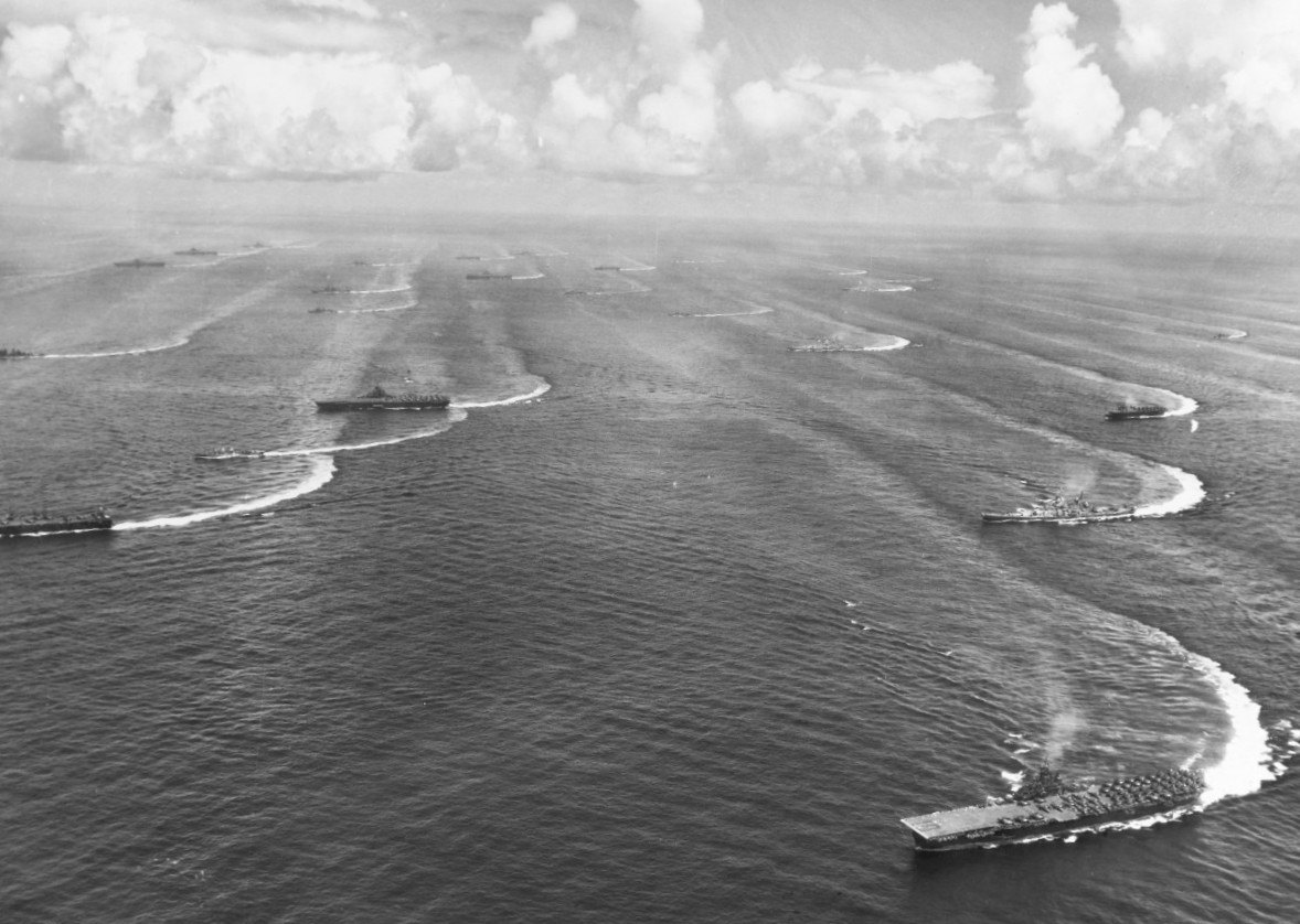 US Navy Task Force 38 cruising in formation off the coast of Japan, August 1945