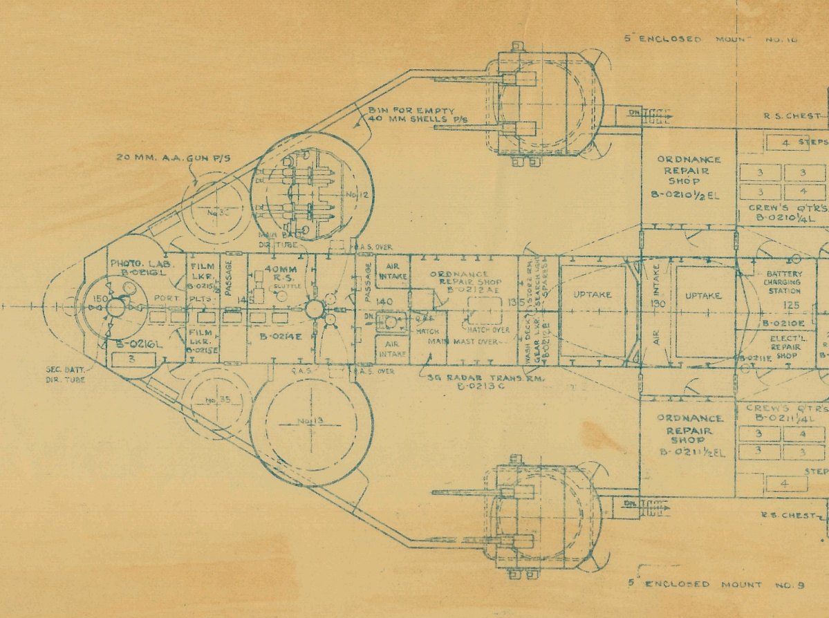 USS Missouri 1944 plan of the 02 level of the superstructure, showing the ship's photo lab